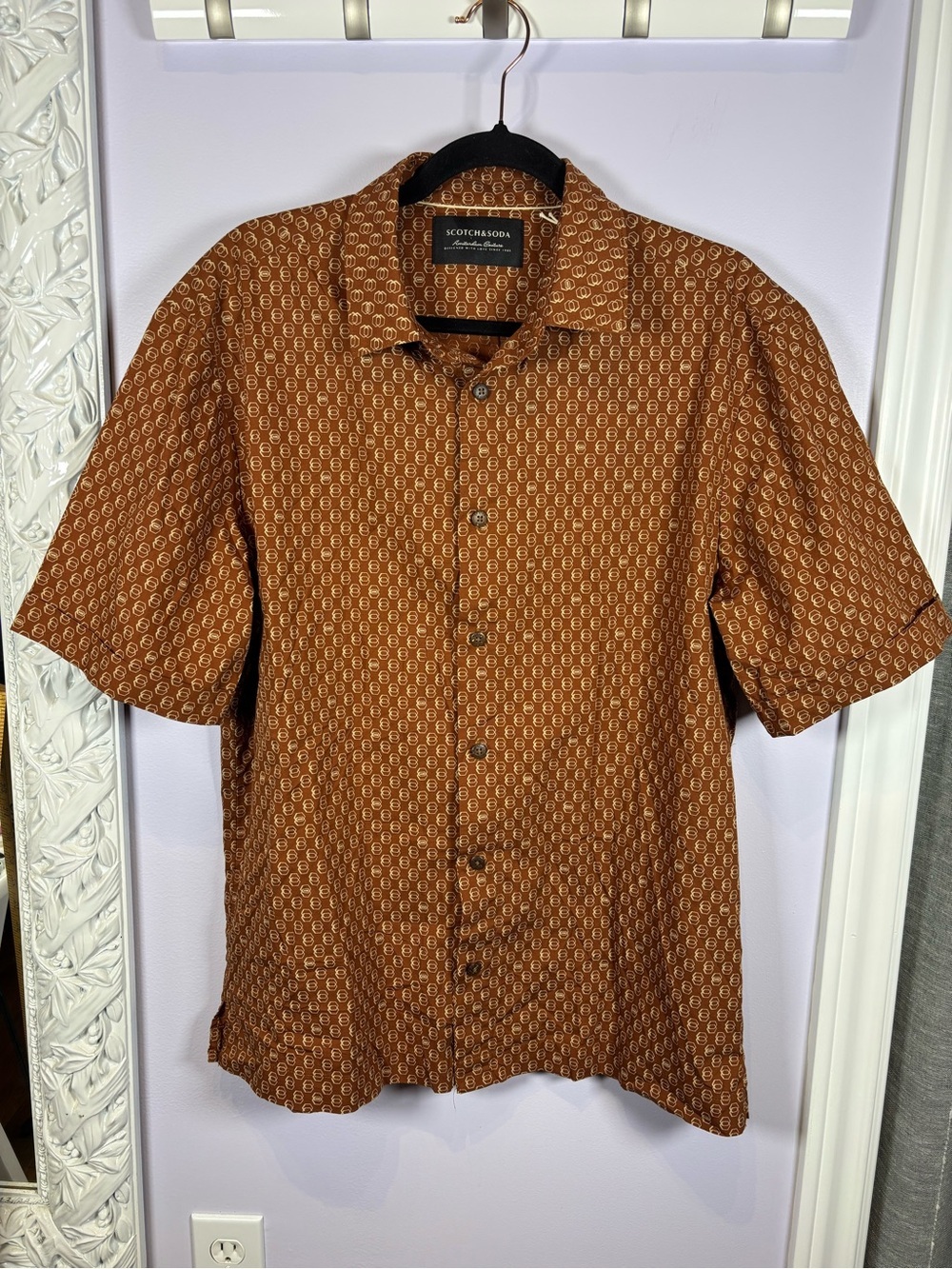 Scotch & Soda Short-Sleeve Casual Print Button-Down Shirt in Rust Size L
